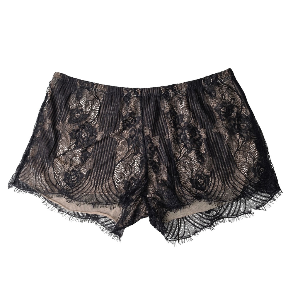 Vince Camuto Shorts Women L Black Floral Lace Eyelash Trim Pajama VC10030 Sleep